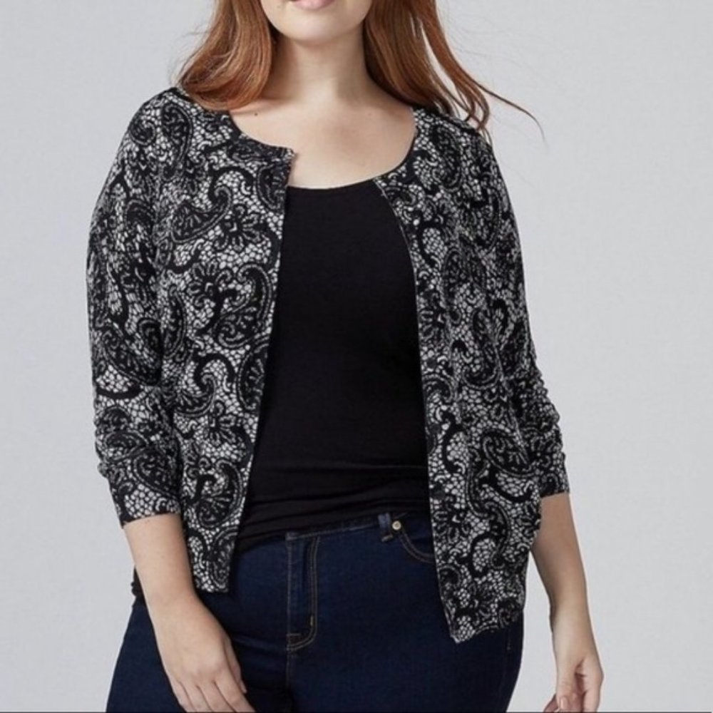 Lane Bryant Black and Gray Paisley Print Cardigan